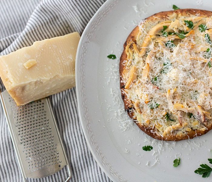 Cheesy Chicken, Garlic, & Herb Flatbread Pizza